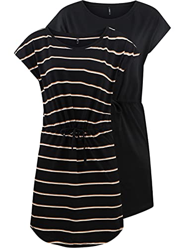 ONLY Damen Sommer Mini Kleid onlMAY S/S Dress 2er Pack Grösse XS S M L XL XXL Gestreift Schwarz 100% Baumwolle, Größe:L, Farbe:Black Double Camel von ONLY