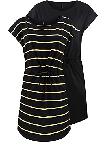 ONLY Damen Sommer Mini Kleid onlMAY S/S Dress 2er Pack Grösse XS S M L XL XXL Gestreift Schwarz 100% Baumwolle, Größe:XL, Farbe:Black Double York Yellow von ONLY