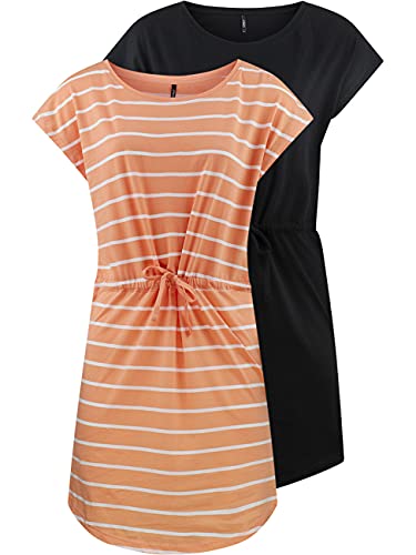 ONLY Damen Sommer Mini Kleid onlMAY S/S Dress 2er Pack Grösse XS S M L XL XXL Gestreift Schwarz 100% Baumwolle, Größe:XL, Farbe:Coral Sands Primo Stripe von ONLY