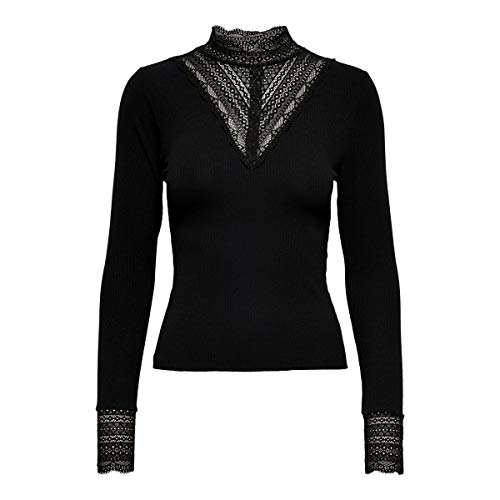 ONLY Damen Spitzen Langarmshirt Oberteil ONLTILDE Lace Top Shirt Vintage Design Longsleeve, Farben:Schwarz,Größe Damen:L von ONLY