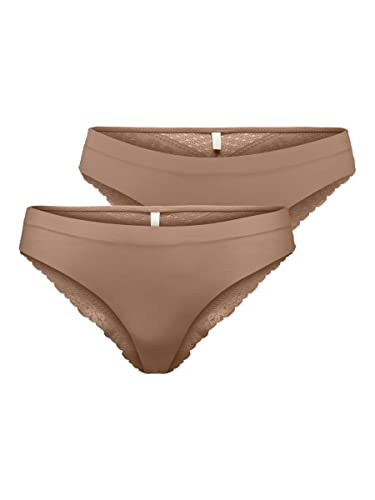 ONLY Damen Spitzen Slips | 2-er Pack String Unterhosen Wäsche | Brazilian Tanga Panty ONLLAURA, Farben:Braun, Größe:M von ONLY