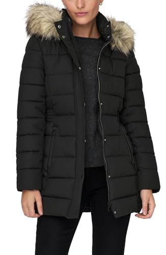 ONLY Damen Steppjacke ONLNew Luna Quilted gesteppte Damenjacke mit Fell-Kapuze 15304781 ,Schwarz ,XL von ONLY