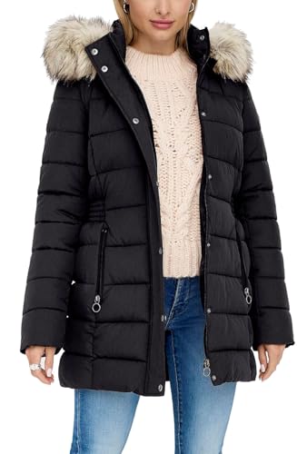 ONLY Damen Steppjacke ONLNew Luna Quilted gesteppte Damenjacke mit Fell-Kapuze 15304781,Phantom,XL von ONLY