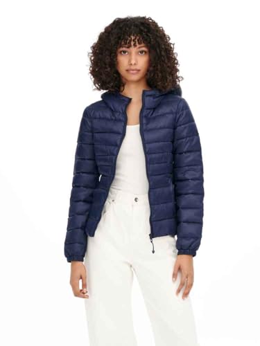 ONLY Damen Leichte Steppjacke ONLTAHOE Wattierte Herbst Frühling Übergangsjacke mit Kapuze & Reißverschluss, Farben:Blau, Größe:M von ONLY