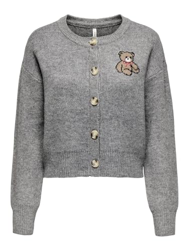 ONLY Damen Strickjacke gestrickter Cardigan mit Teddy-Motiv ONLTeddy 15357743 Medium Grey Melange Teddy L von ONLY