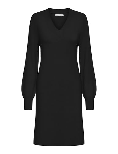 ONLY Damen Strickkleid Midi-Länge V-Ausschnitt Ballonärmel Elegant, Farben:Schwarz-2, Größe:L von ONLY