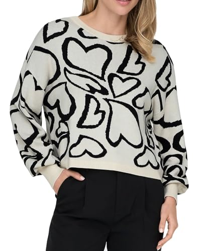 ONLY Damen Strickpullover ONLMontana gestrickter Rundhals Pulli mit Herzen 15339550 Birch Black Big Hearts L von ONLY