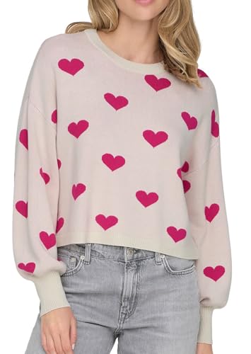 ONLY Damen Strickpullover ONLMontana gestrickter Rundhals Pulli mit Herzen 15339550 Birch Pink Yarrow Small Heart XL von ONLY