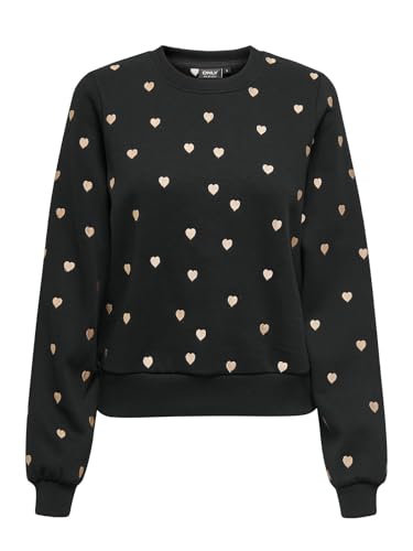 ONLY Damen Sweatshirt Pullover Sweater mit Herzen ONLAtika O-Neck Glitter EMB 15355802 Black Anny Hearts Big (Gold) L von ONLY