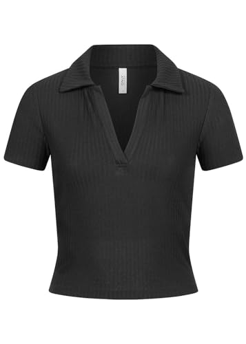 ONLY Damen T-Shirt Cropped Polo Shirt mit Strukturstoff und V-Neck schwarz von ONLY