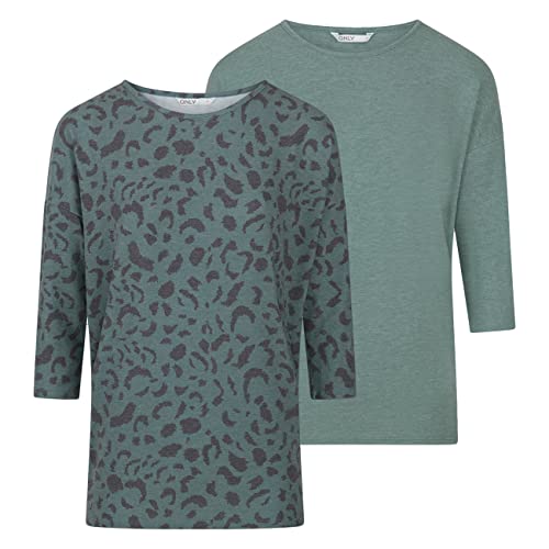 ONLY Damen Top ONLGLAMOUR 2er Pack 3/4 Ärmel Basic Shirt Rundhals Loose Fit Langarmshirt Oberteil Muster Aufdruck Sommer S Grün, Größe:S, Farbe:Chinois Green (15289509) von ONLY