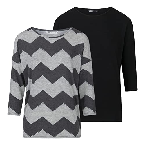 ONLY Damen Top ONLGLAMOUR 2er Pack 3/4 Ärmel Basic Shirt Rundhals Loose Fit Langarmshirt Oberteil Muster Aufdruck Sommer S Schwarz, Größe:S, Farbe:Black (15289509) von ONLY