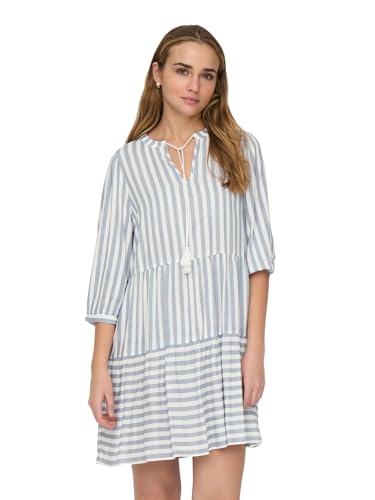 ONLY Damen Viskose Tunika Mini-Kleid ONLKaya 3/4 Puff mit Streifen 15220521 Cloud Dancer Blue Stripe S von ONLY