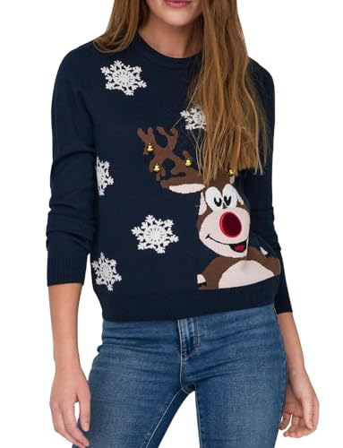 ONLY Damen Weihnachts Strick-Pullover ONLXMas Bell Rentier Weihnachten mit Glöckchen 15243243 Night Sky XL von ONLY