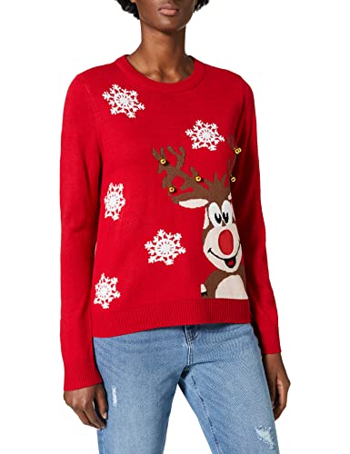 ONLY Damen Weihnachts Strick-Pullover ONLXMas Bell Rentier Weihnachten mit Glöckchen 15279107 high Risk red/Reindeer Bells S von ONLY