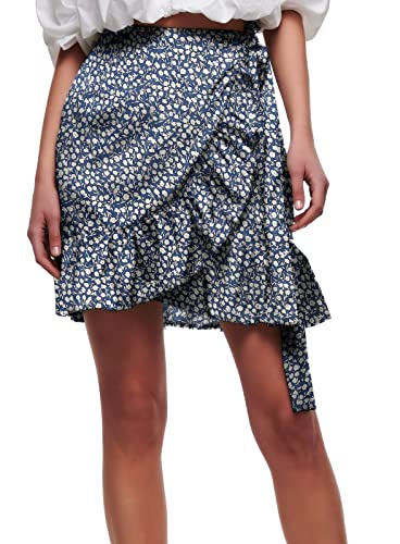 ONLY Damen Kurzer Wickel Rock | Oberschenkellanger Falten Skirt | Stretch Bund & Bindegürtel ONLOLIVIA, Farben:Blau, Größe:S von ONLY