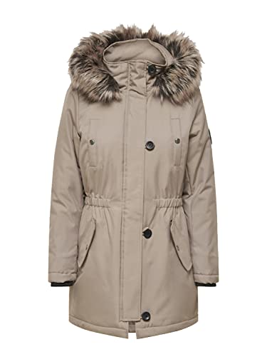 ONLY Damen Winter-Jacke OnlIris einfarbiger Parka Mantel Fellkapuze Winter, Farbe:Beige, Größe:S von ONLY