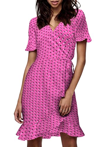 ONLY Damen knielanges Kurzarm Wickel-Kleid mit Alloverprint ONLOlivia S/S Wrap 15206407 Very Berry Dots On Line 34 von ONLY