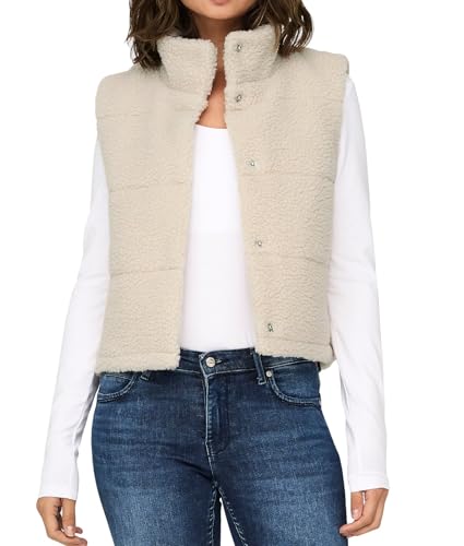 ONLY Damen kurze Teddy Weste ONLSandra Life Kunstpelz Damenweste mit Stehkragen 15320630 Pumice Stone M von ONLY