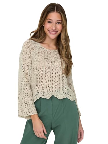 ONLY Damen Eleganter Strickpullover Cropped 3/4 Arm Shirt Knitted Pointelle Stretch Sweater ONLNOLA, Farben:Grau, Größe:L von ONLY