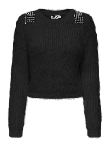 ONLY Damen ONLSURI LS Bling Crop O-Neck PRM KNT Pullover, Black/Detail:Dark Silver, M von ONLY