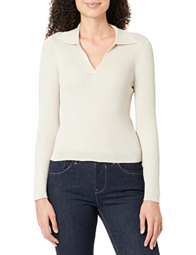 ONLY Damen Gerippter Poloshirt Pullover | Langarm V-Ausschnitt Sweater | Longsleeve Strick Basic ONLNIMONE, Farben:Beige, Größe:XL von ONLY