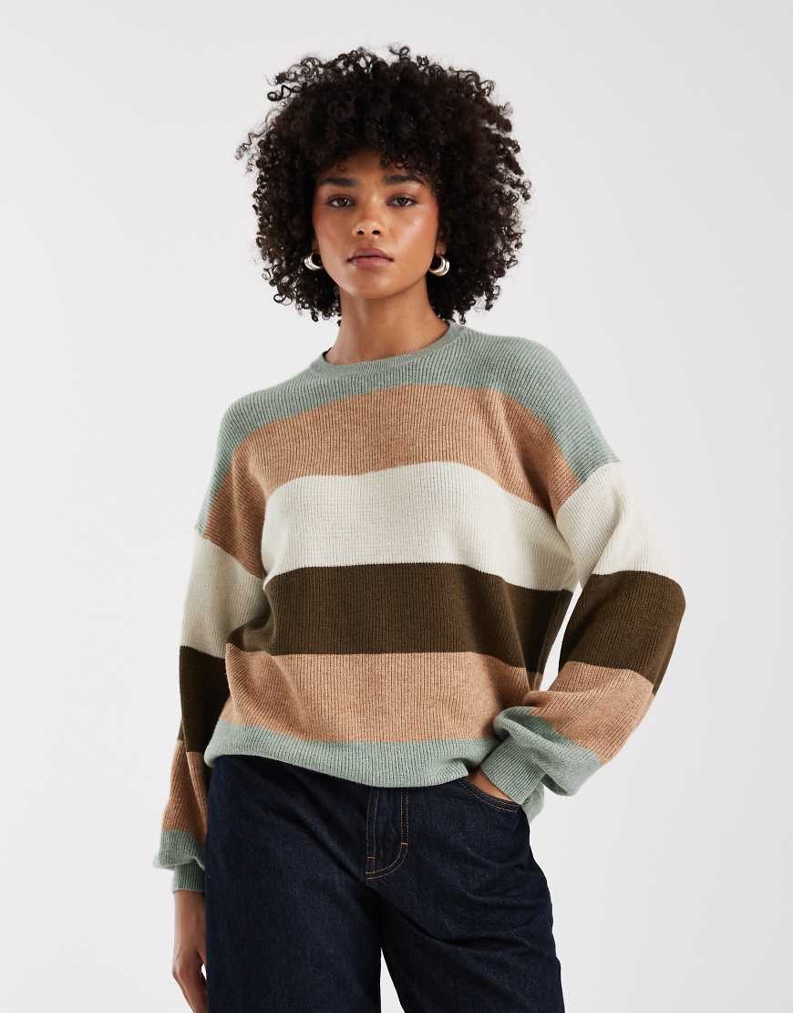 ONLY - Gestreifter Pullover in Khaki mit überschnittenen Schultern-Grün von ONLY