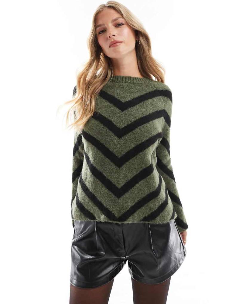 ONLY - Gestreifter Strickpullover in Dunkelgrün-Grau von ONLY