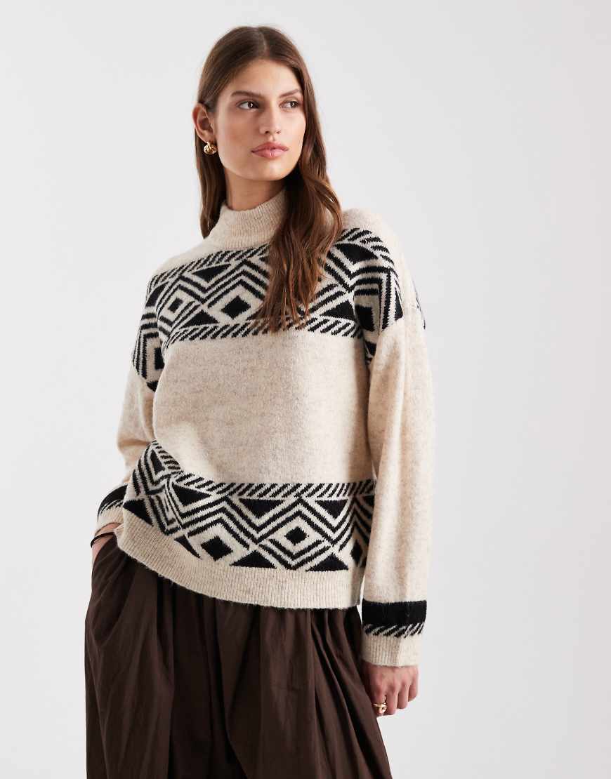 ONLY - Hochgeschlossener Strickpullover in Steinbeige mit Jacquardmuster-Neutral von ONLY