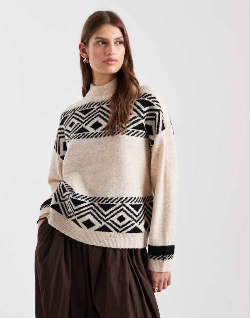 ONLY - Hochgeschlossener Strickpullover in Steinbeige mit Jacquardmuster-Neutral von ONLY