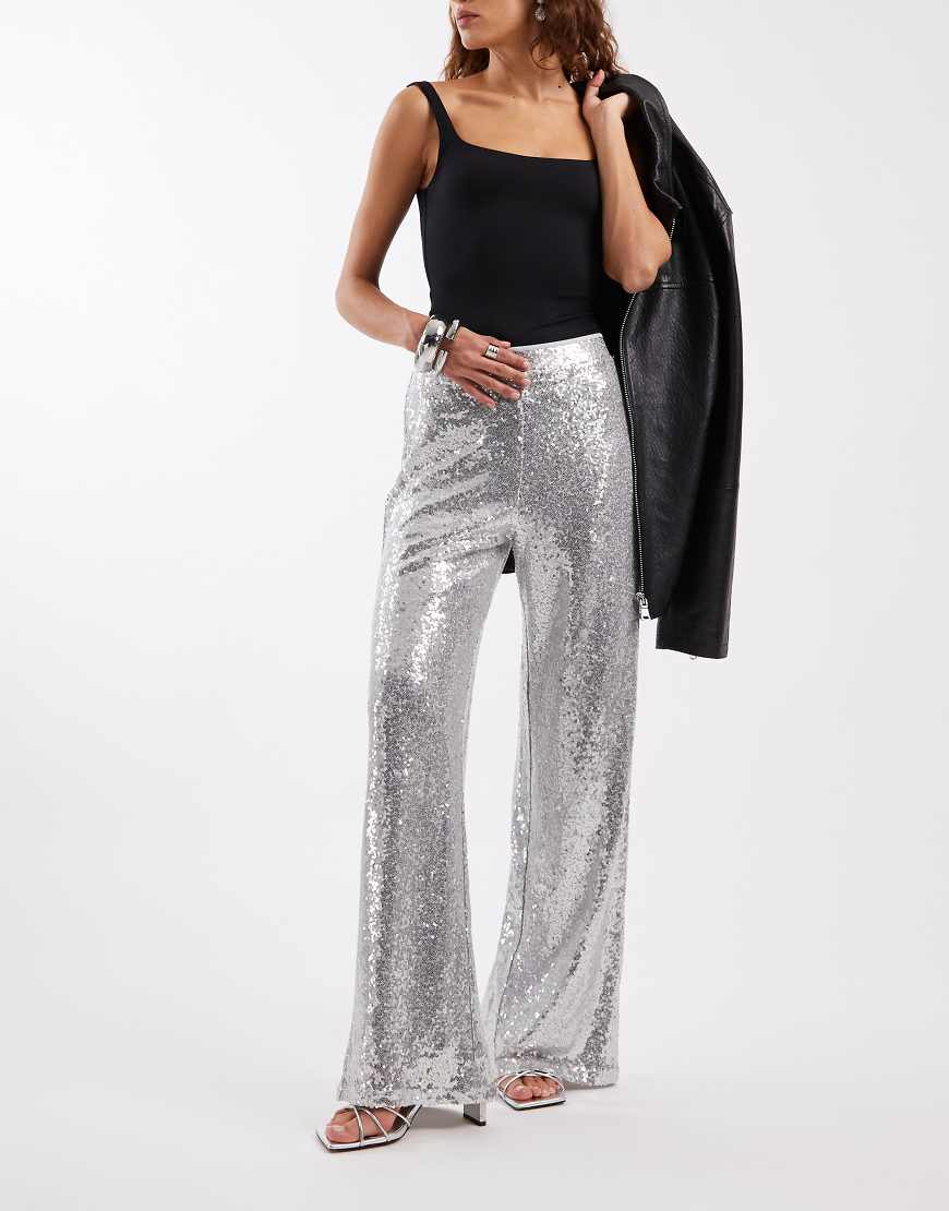 ONLY - Hose in Silber mit hohem Bund und Pailletten von ONLY