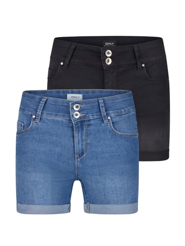 ONLY Jeans Shorts Damen Stretch Kurz Skinny Fit Mid Waist ONLCARMEN 2er Pack Kurze Hose Sommer Basic Denim, Größe:L, Farbe:Light Blue/Washed Black (15357005) von ONLY