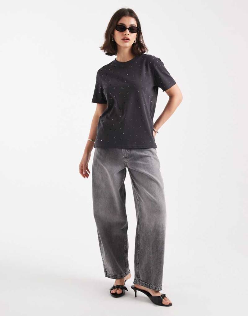 ONLY - Kastiges T-Shirt in Anthrazit mit Strassverzierung-Grau von ONLY