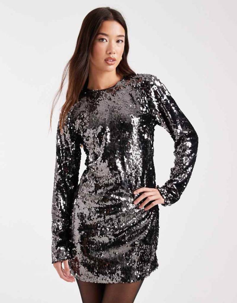 ONLY - Langärmliges Pailletten-Minikleid in Graphitgrau mit Rückenausschnitt von ONLY