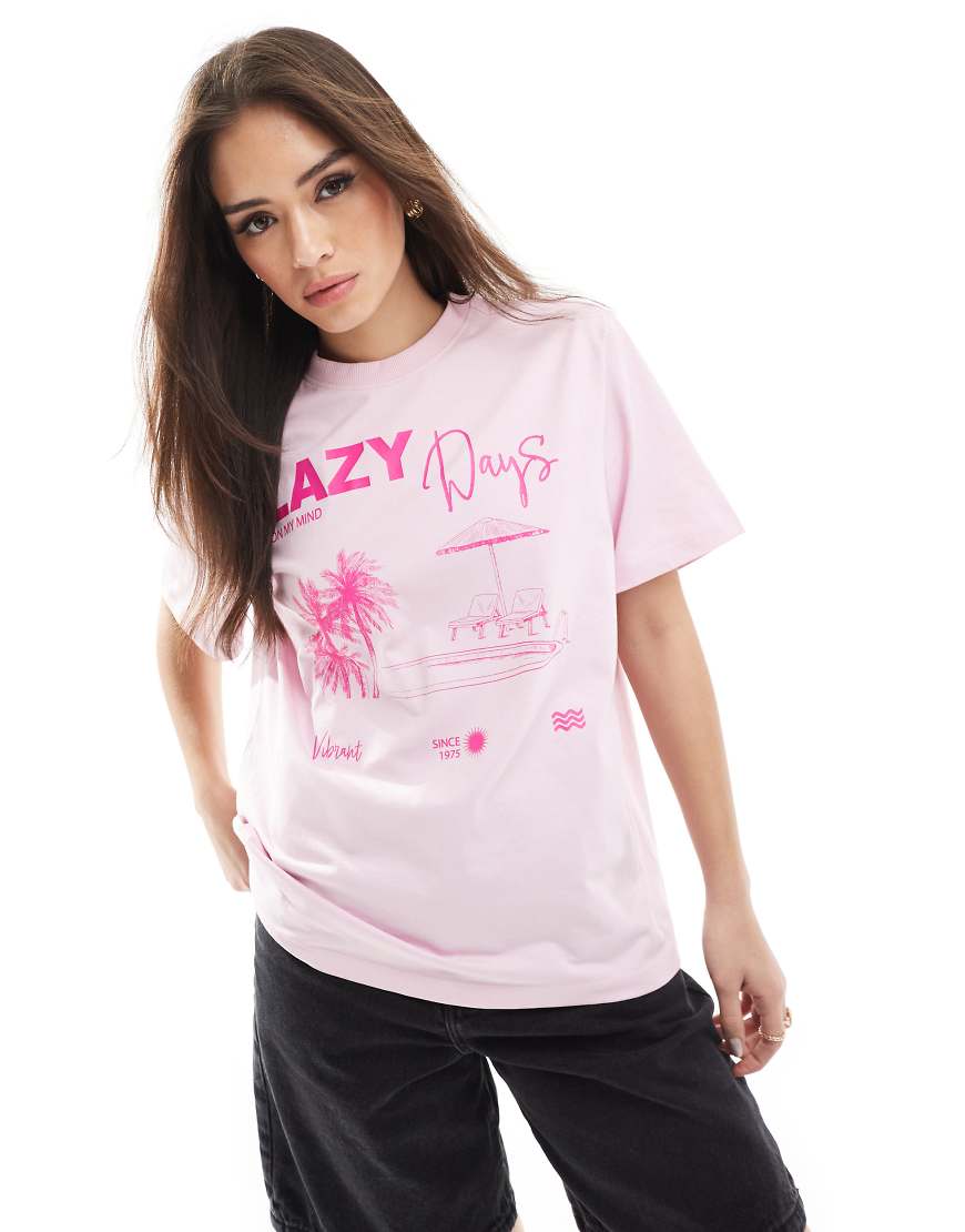ONLY - Lazy Days - Oversize-T-Shirt in Rosa mit Grafik von ONLY
