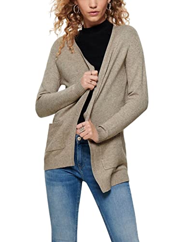 ONLY Damen Lange Strickjacke mit Taschen Stretch Casual Langarm ONLLESLY Open Cardigan Noos Gerippt, Farben:Beige, Größe:XS von ONLY