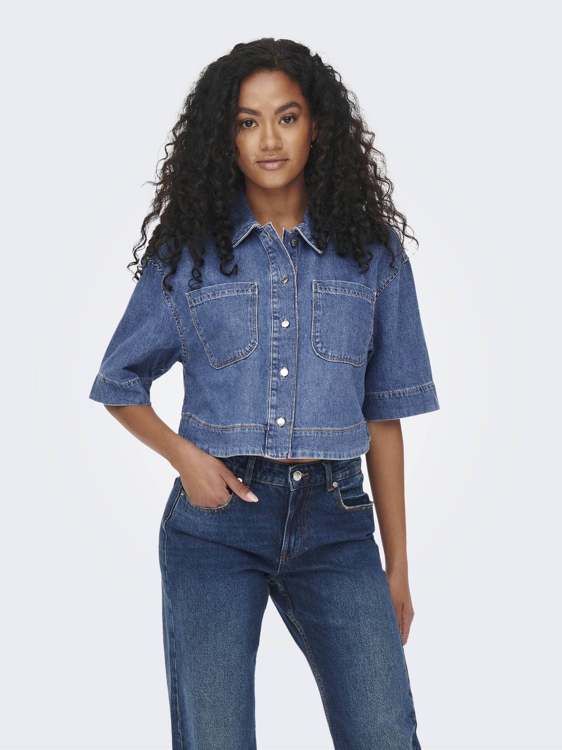 ONLY - ONLCLEO LIFE SS CROP DNM SHIRT PIM NOOS medium blue denim - Gr. - L von ONLY