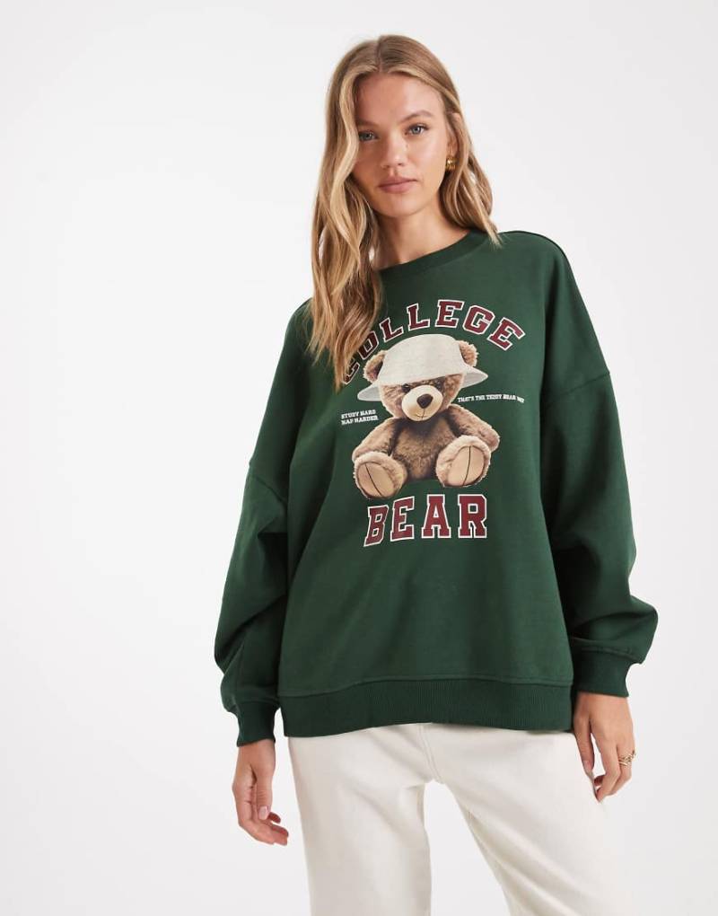 ONLY - Oversize-Sweatshirt in Dunkelgrün mit Teddybär-Aufdruck von ONLY