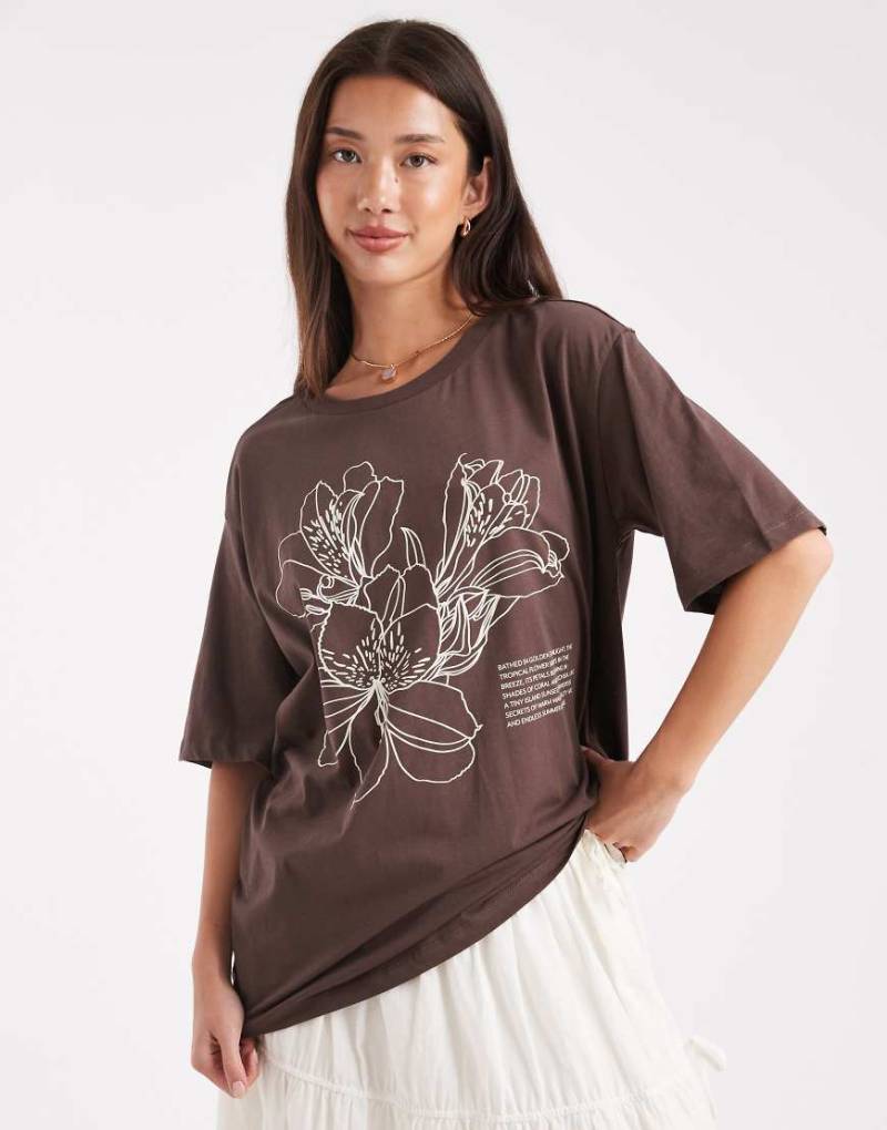 ONLY - Oversize-T-Shirt in Braun mit Hibiskus-Grafik-Brown von ONLY