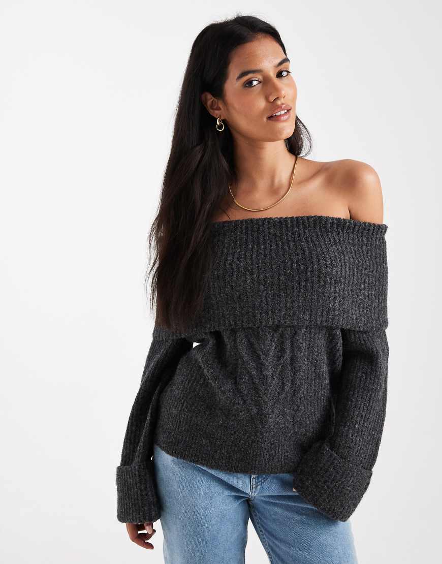 ONLY - Schulterfreier Strickpullover in Dunkelgrau von ONLY