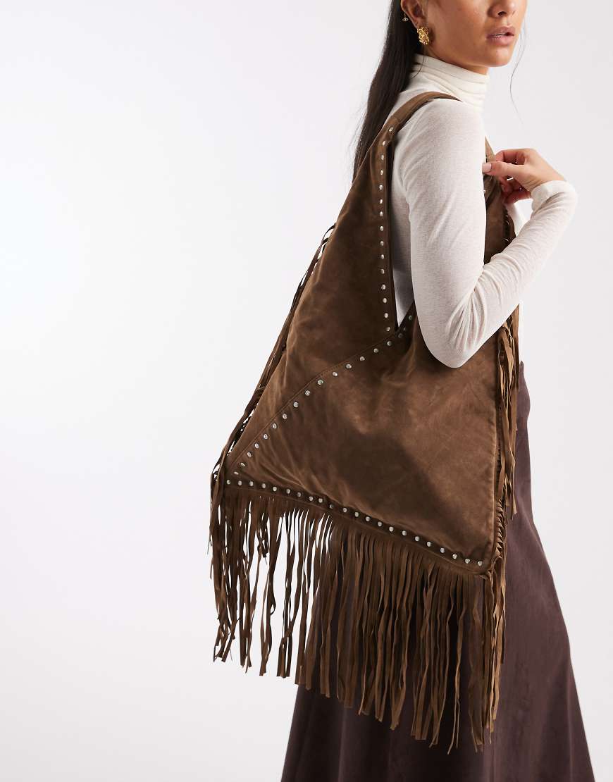 ONLY - Schultertasche aus Wildlederimitat in Braun mit Fransen-Brown von ONLY