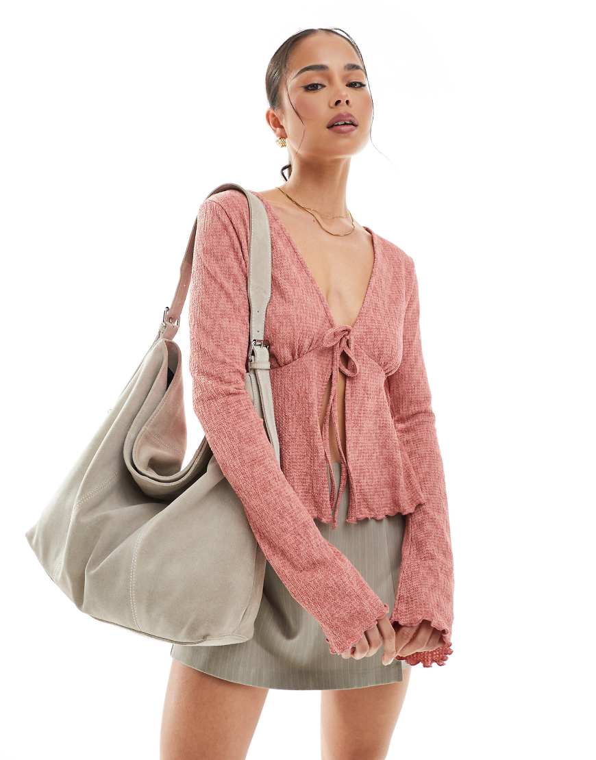 ONLY - Strickjacke in Hellrosa mit weiten Ärmeln und Schnürung vorn von ONLY