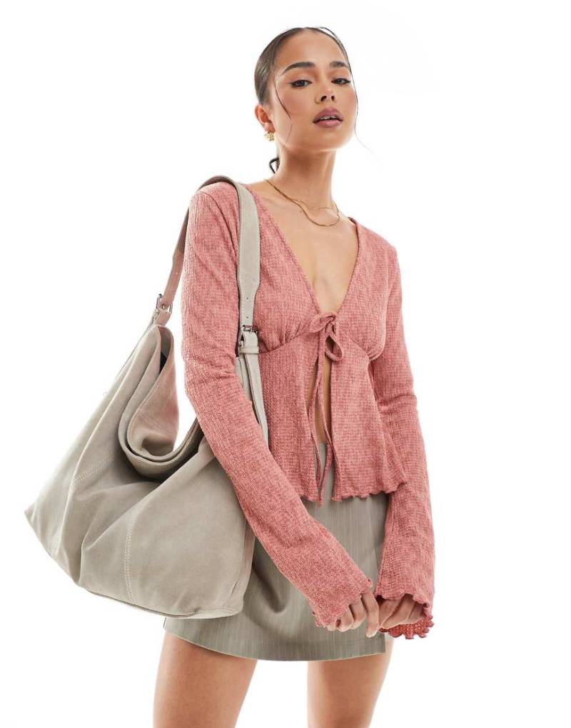 ONLY - Strickjacke in Hellrosa mit weiten Ärmeln und Schnürung vorn von ONLY