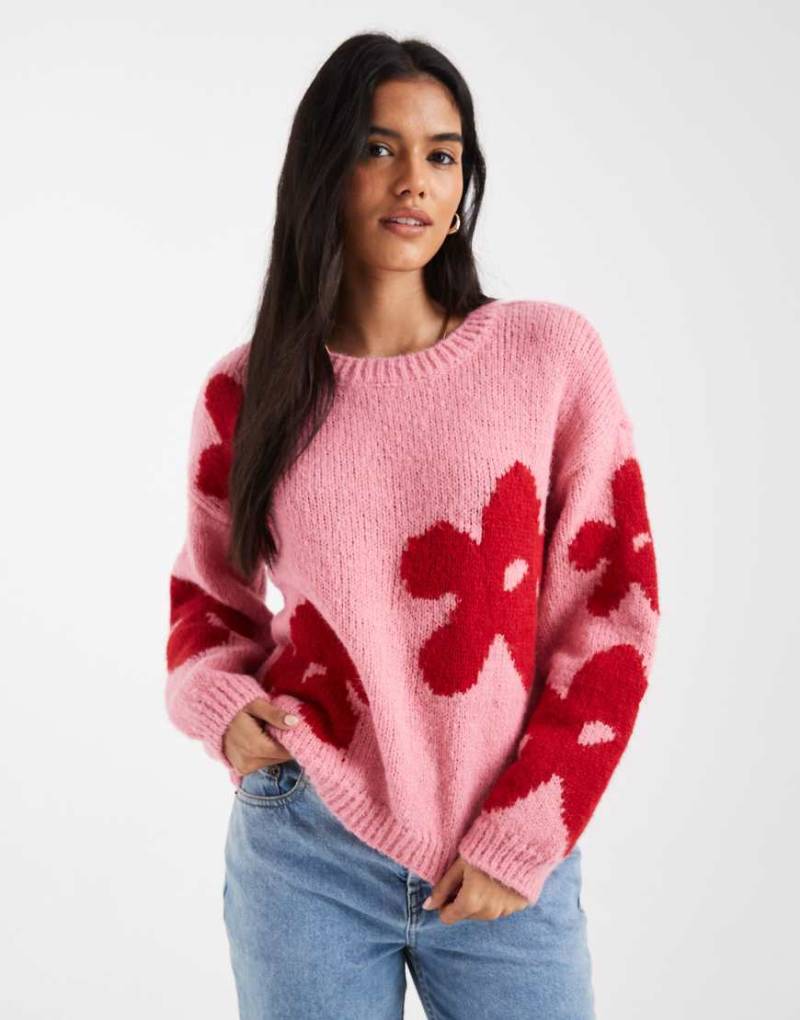 ONLY - Strickpullover in Rosa mit Blumendetails von ONLY