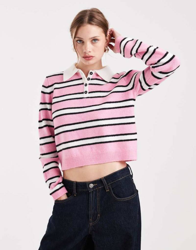 ONLY - Strickpullover in Rosa mit Streifen und Polokragen von ONLY