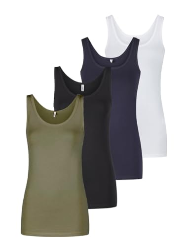 ONLY Tank Top Damen Baumwolle Stretch Slim Fit Onllive LUV 4er Pack Set Basic Shirt Rundhals Trägershirt Ärmellos Oberteile Einfarbig, Größe:L, Farbe:Pack 5 von ONLY