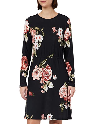 ONLY Women's ONLELCOS Emma L/S Elastic Dress JRS Kleid, Black/AOP:Rose Bouquet Flowers, XS von ONLY