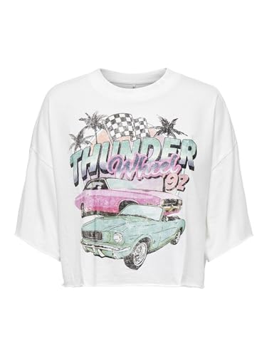 ONLY Women's ONLLUCY Boxy Crop S/S Race TOP Box JRS T-Shirt, Cloud Dancer/Print:Thunder, XL von ONLY