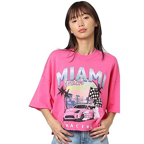 ONLY Women's ONLLUCY Boxy Crop S/S Race TOP Box JRS T-Shirt, Fuchsia Purple/Print:Miami, M von ONLY