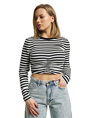 ONLY Women's ONLMALOU L/S Ruching TOP Box JRS Langarmshirt, Black/Stripes:Cloud Dancer, XS von ONLY